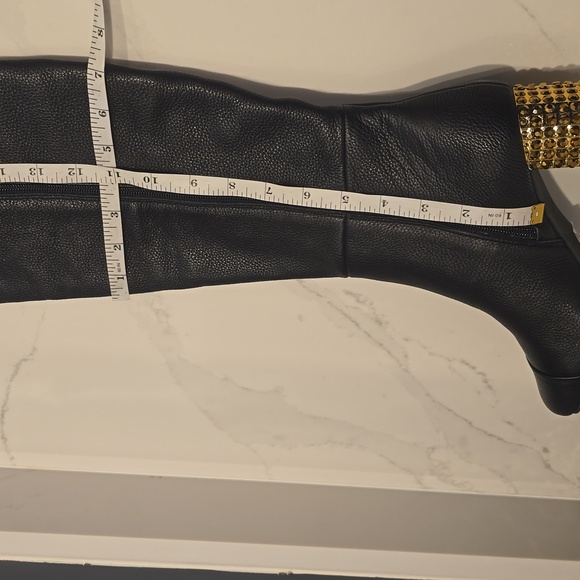 KURT GEIGER BOOTS black Leather gold crystal rhinestone heels Mayfair Knee High - Picture 11 of 11